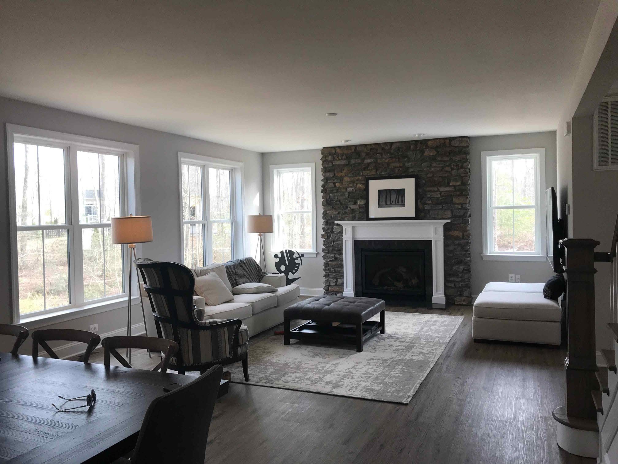 Custom living room with stone fireplace
